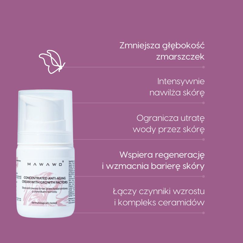 Skoncentrowany krem przeciwstarzeniowy z czynnikami wzrostu_Mawawo_działanie